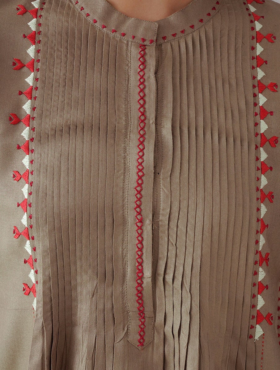 Women Beige Embroidered Silk Viscose Top
