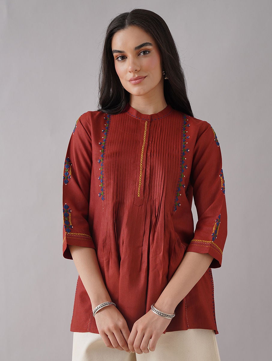 Women Red Embroidered Silk Viscose Top
