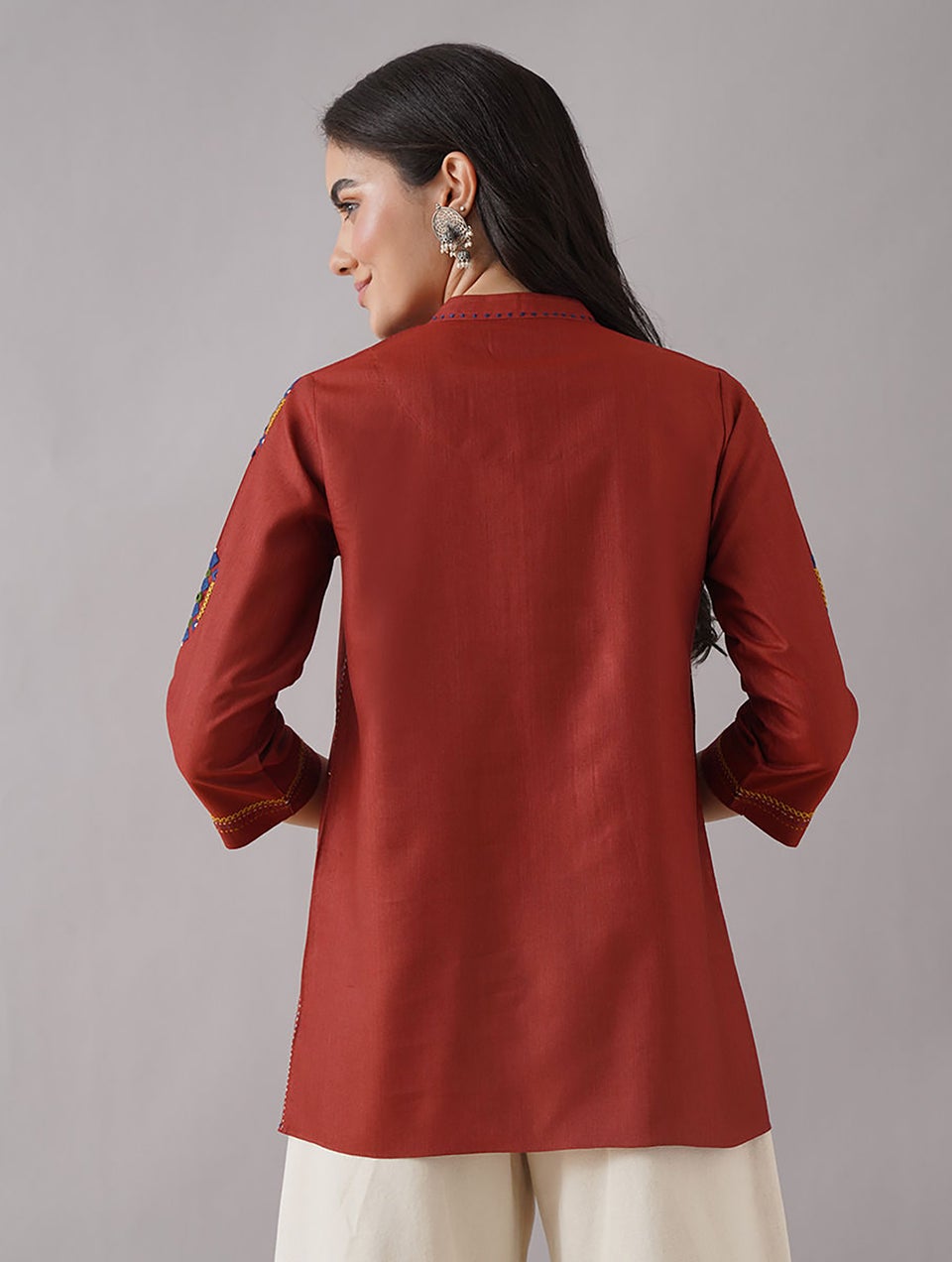 Women Red Embroidered Silk Viscose Top - XS