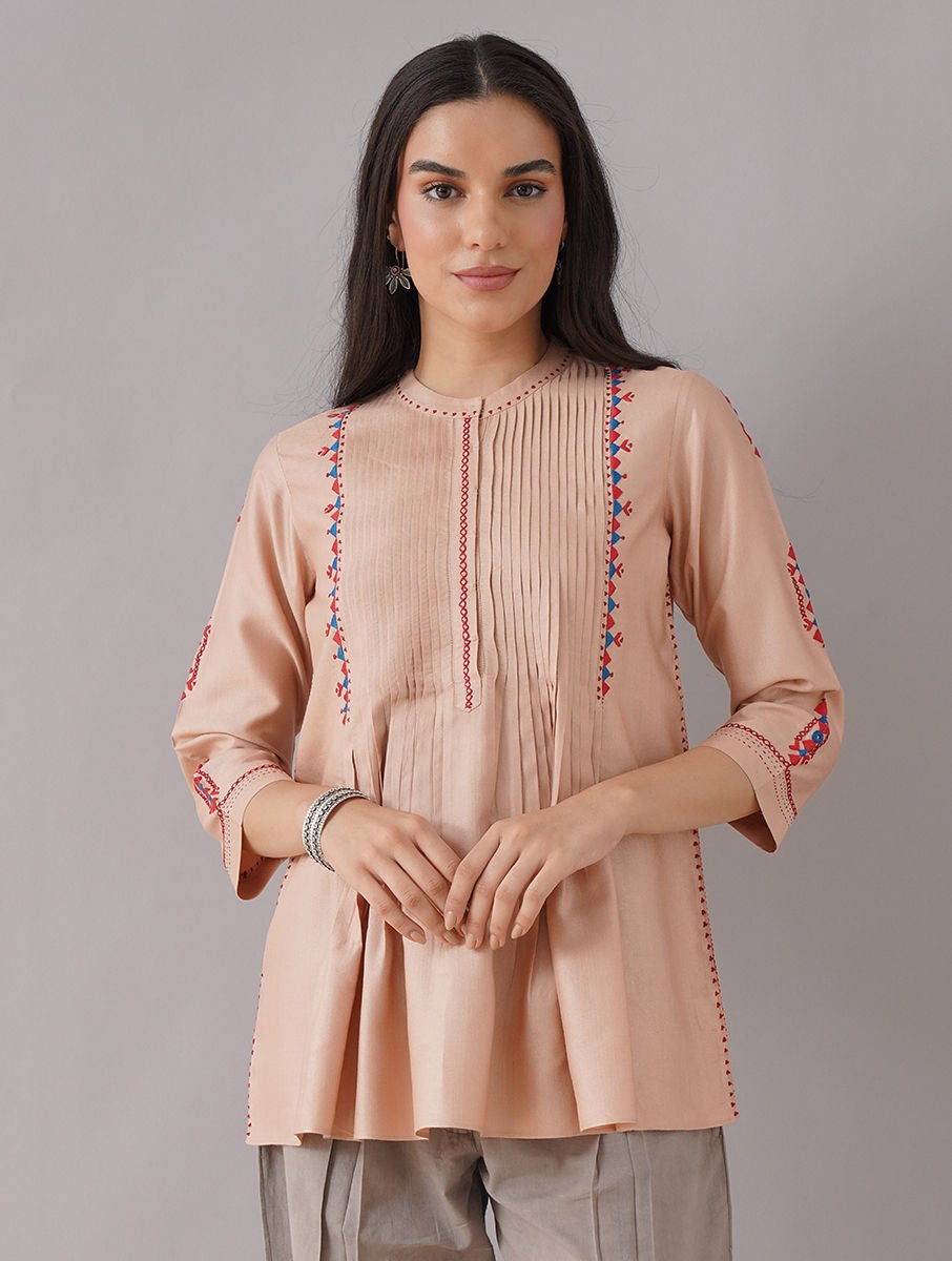 Women Nude Pink Embroidered Silk Viscose Top