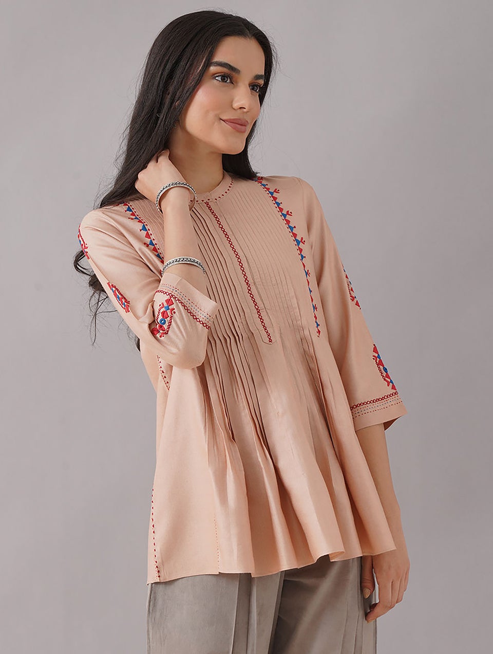 Women Nude Pink Embroidered Silk Viscose Top - XS