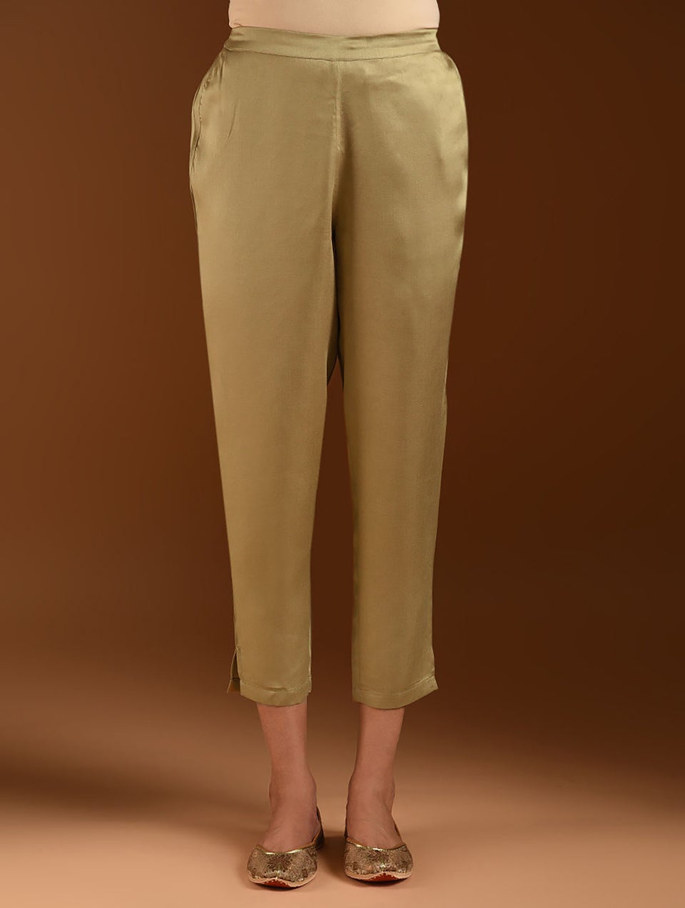 Women Beige Brown Modal Solid Ankle Length Slim Fit Pant - XS
