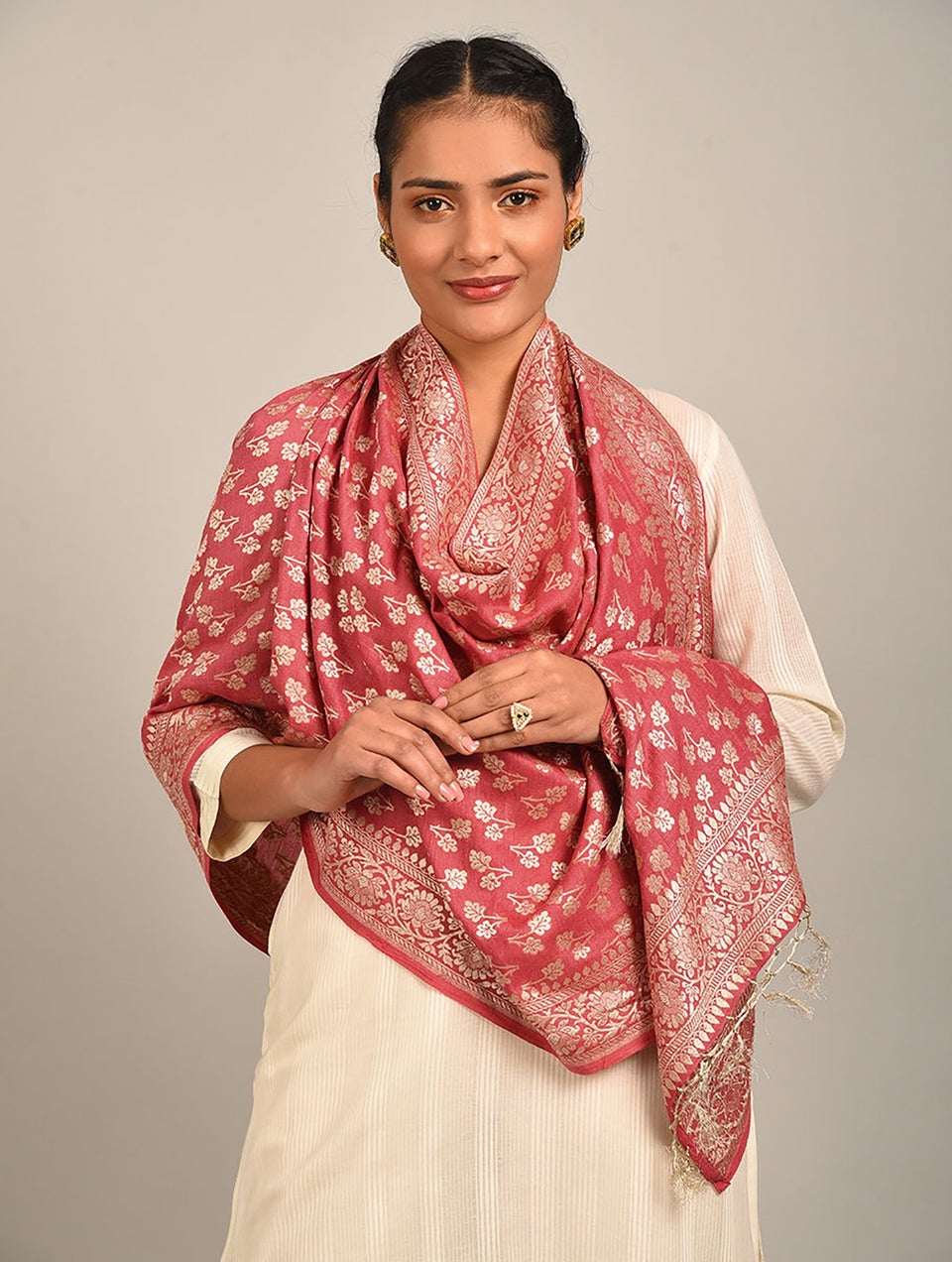 Women Pink Benarasi Silk Stole