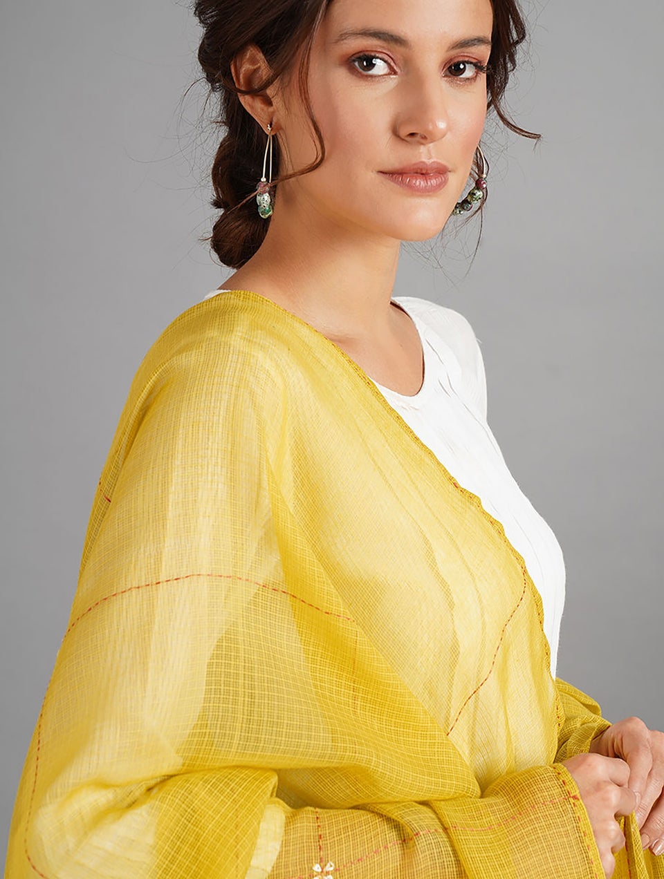 Women Yellow Hand Embroidered Kota Dupatta