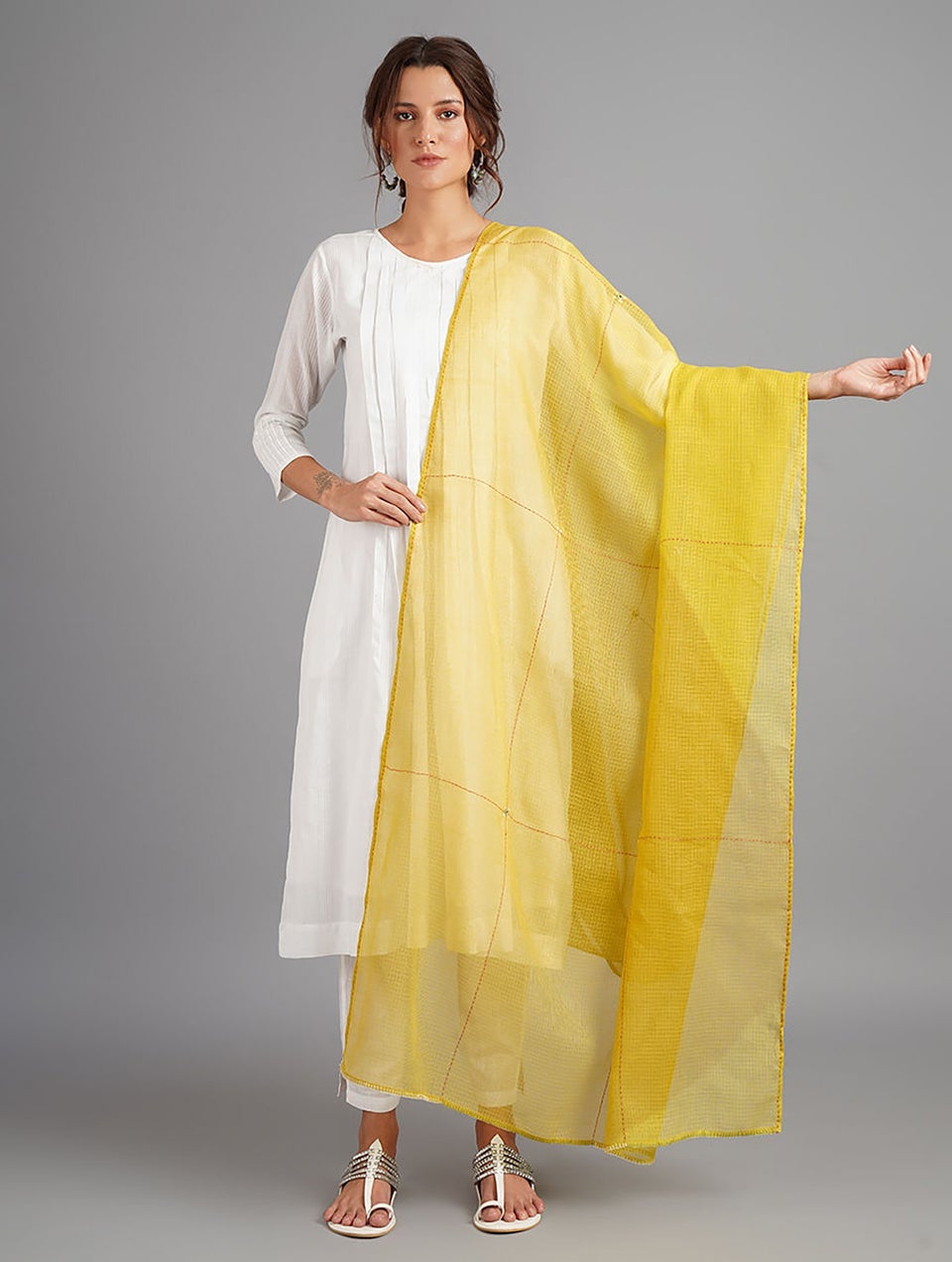 Women Yellow Hand Embroidered Kota Dupatta