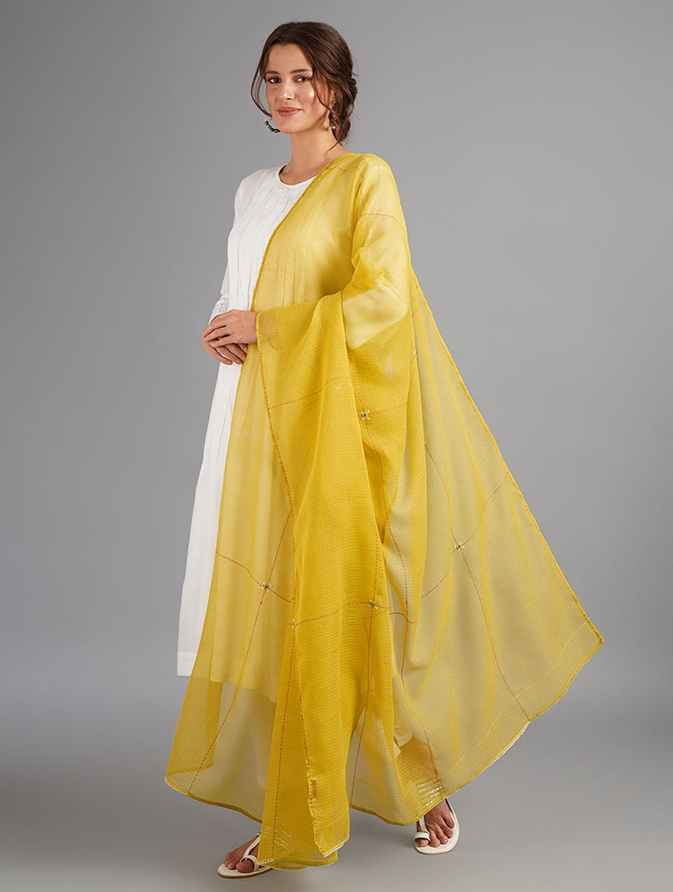 Women Yellow Hand Embroidered Kota Dupatta