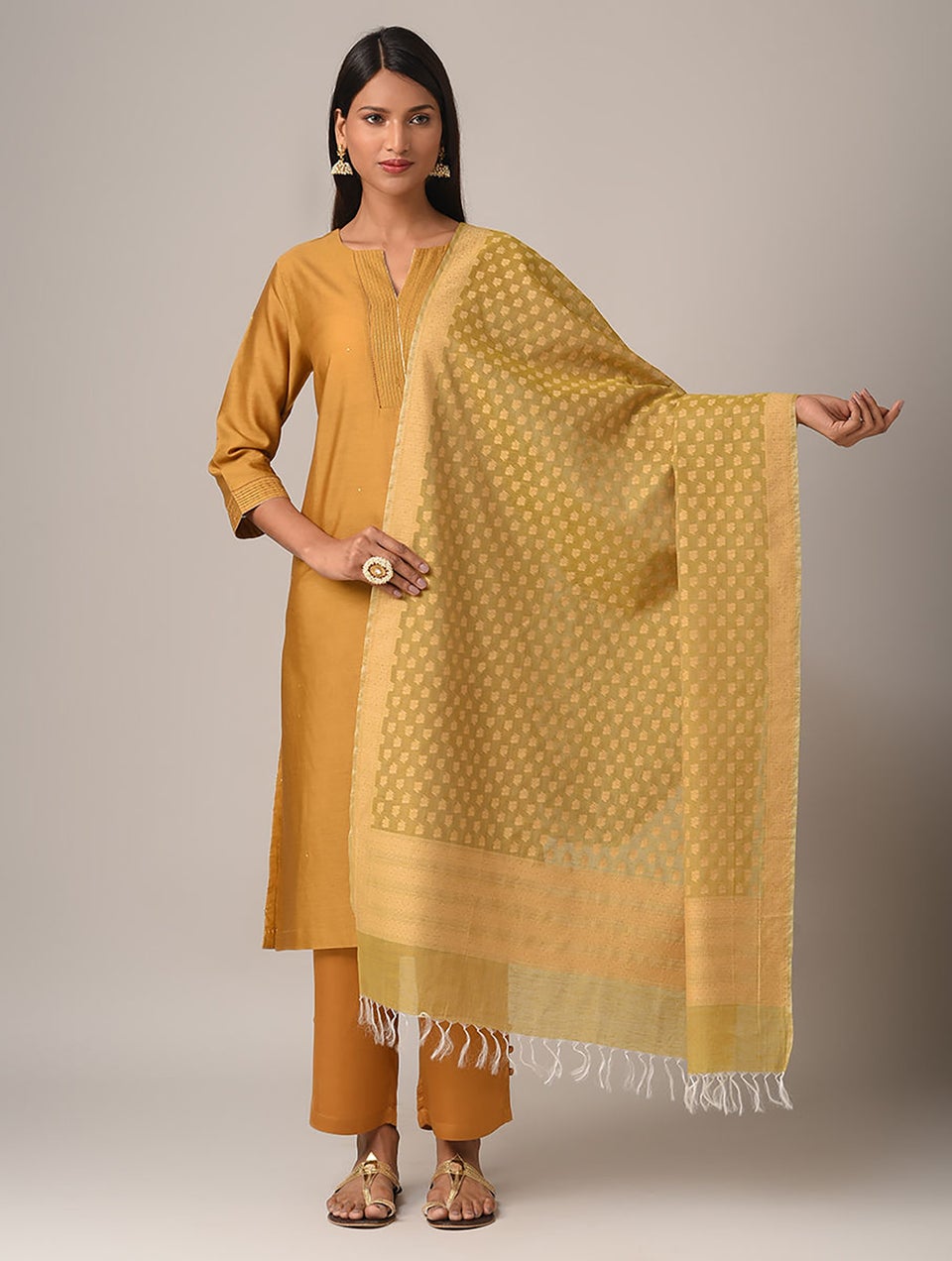 Women Green Benarasi Cotton Dupatta
