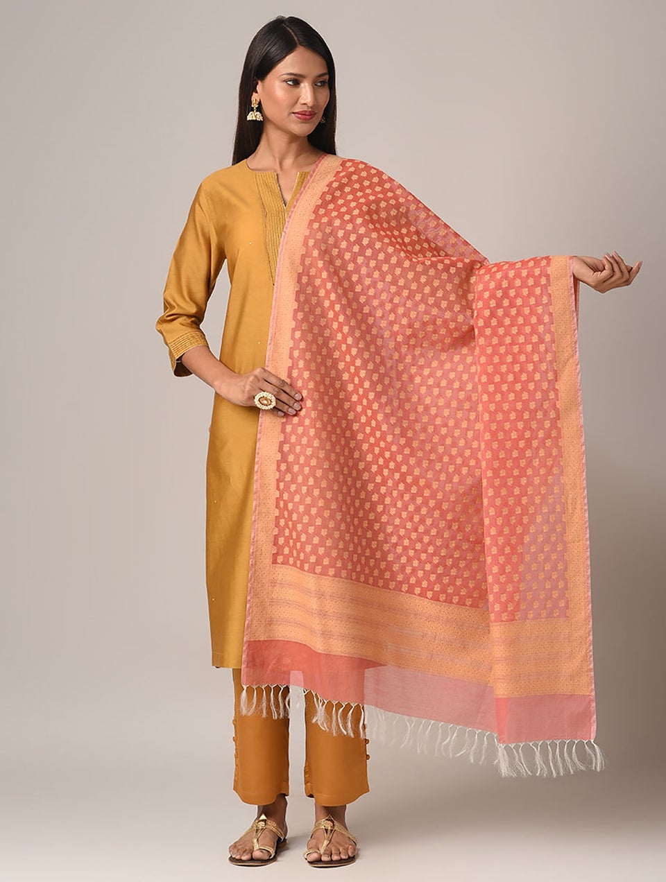 Women Red Benarasi Cotton Dupatta