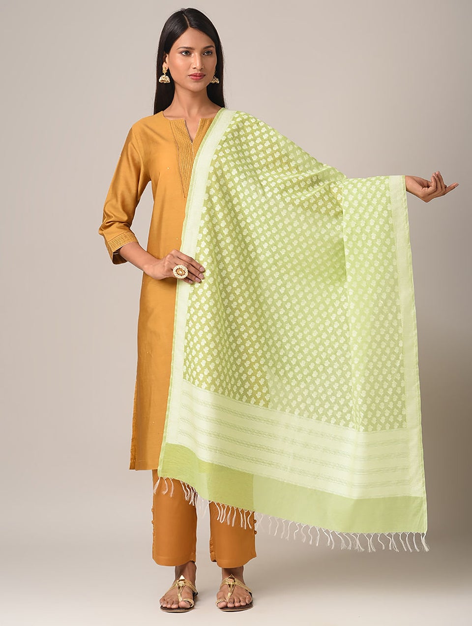 Women Green Benarasi Cotton Dupatta