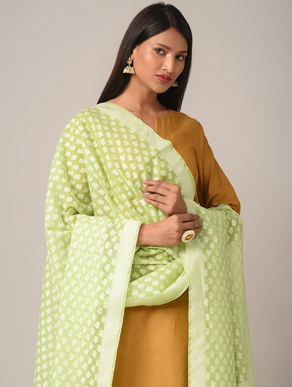 Women Green Benarasi Cotton Dupatta