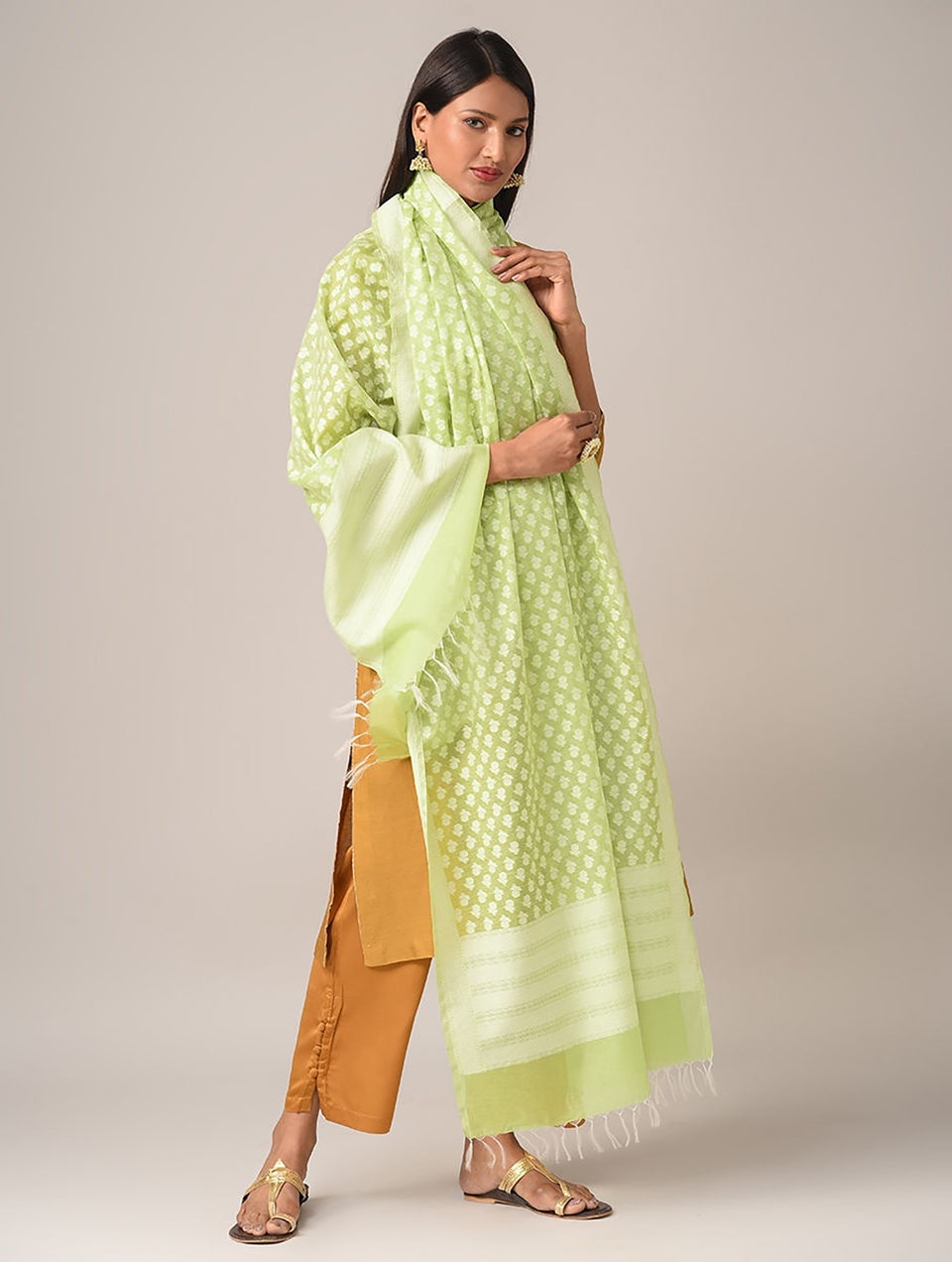 Women Green Benarasi Cotton Dupatta