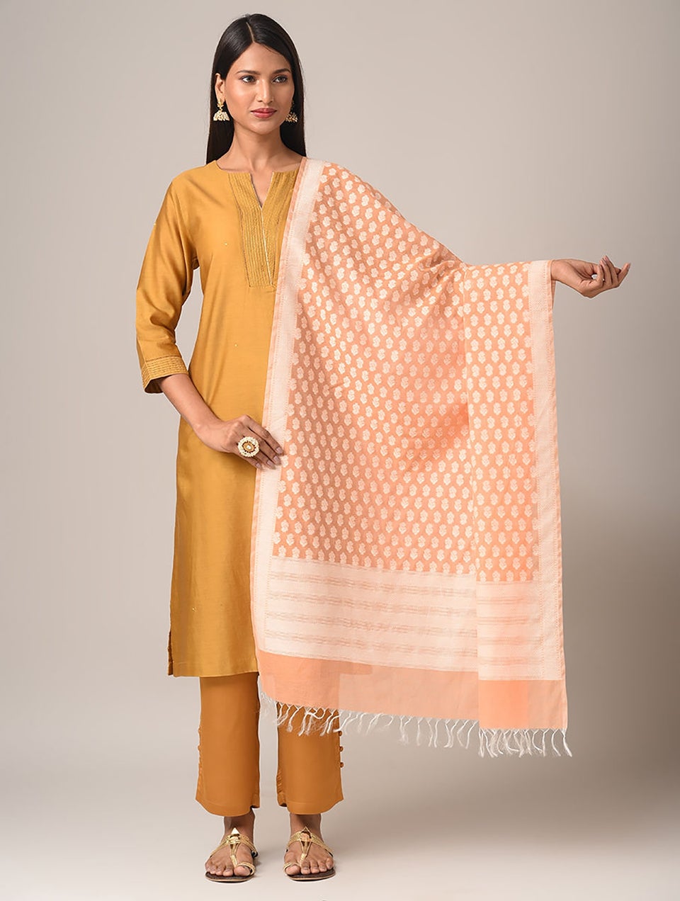 Women Orange Benarasi Cotton Dupatta