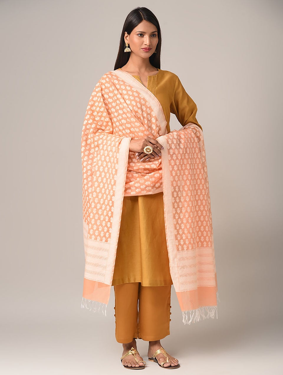 Women Orange Benarasi Cotton Dupatta