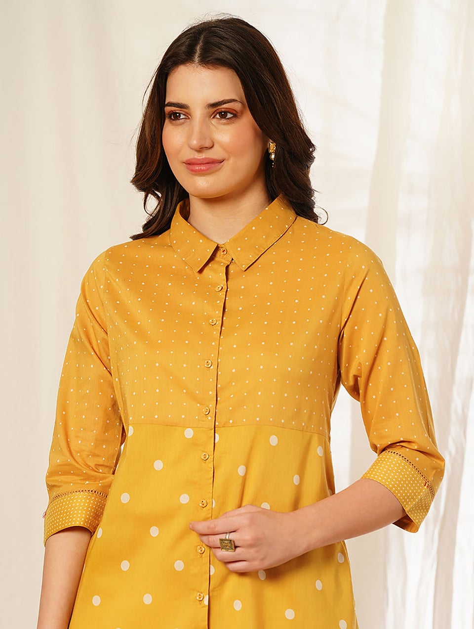 Women Mustard Button-Down Discharge Print Cotton Kurta Dress - XS