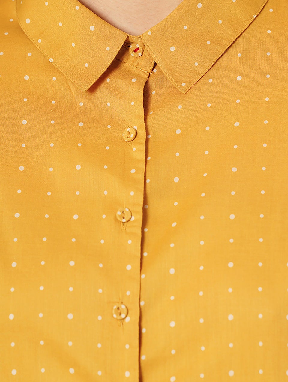 Women Mustard Button-Down Discharge Print Cotton Kurta Dress - XS