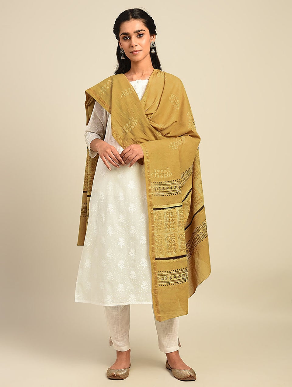 Women Yellow Block Print Mercerized Cotton Dupatta With Zari