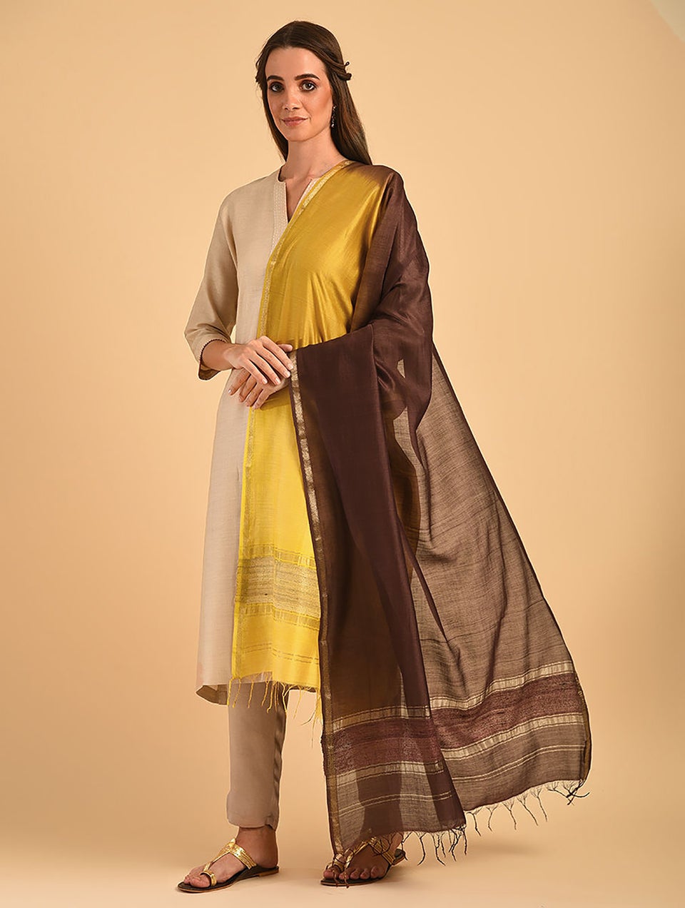 Women Brown-Yellow Handloom Silk Cotton Dupatta
