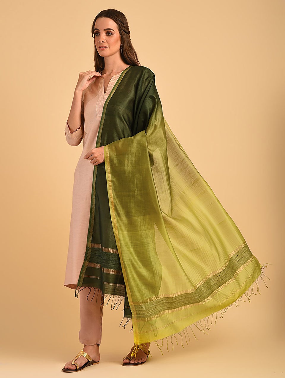 Women Green Handloom Silk Cotton Dupatta