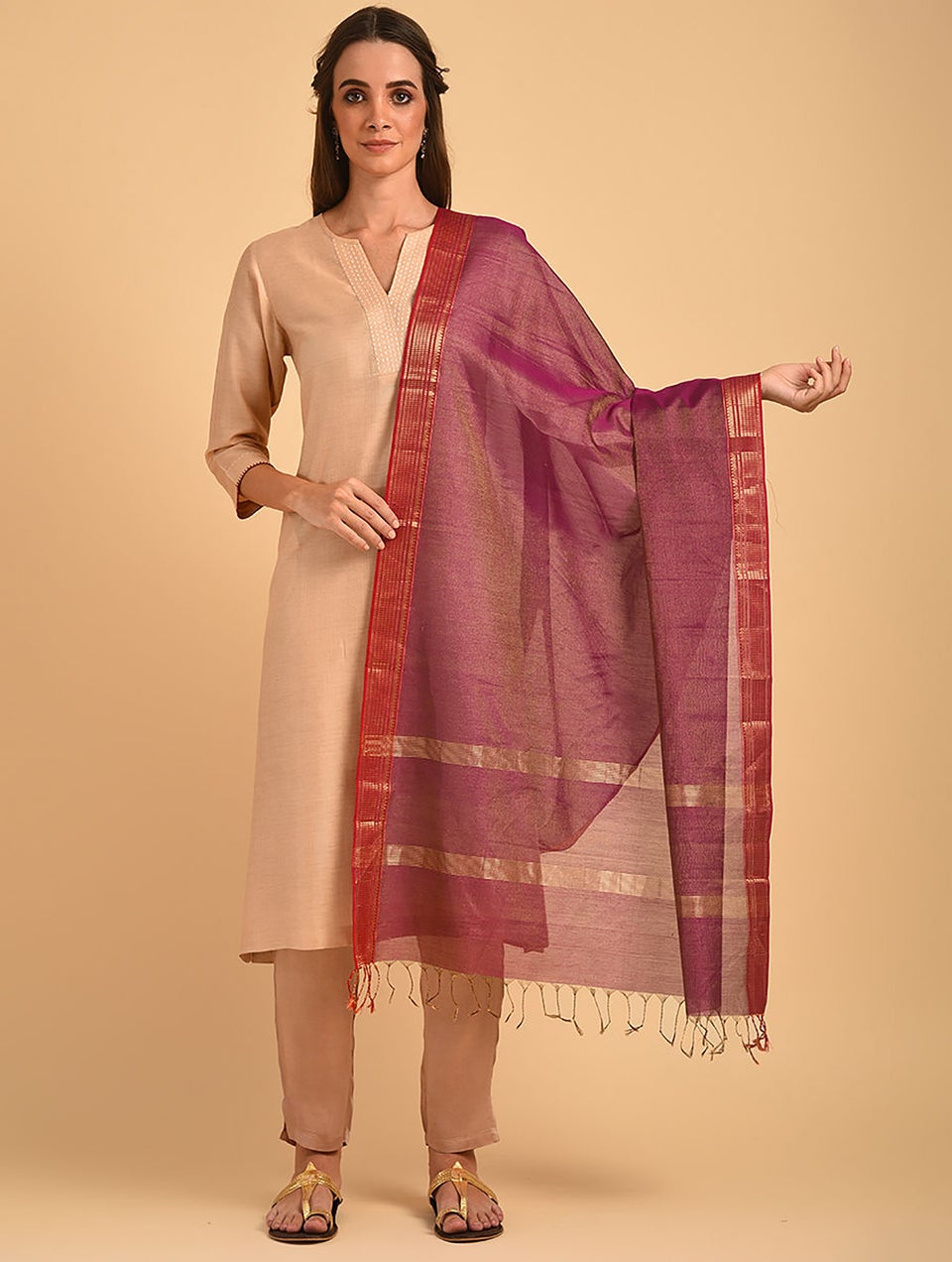 Women Purple Cotton Silk Maheshwari Dupatta