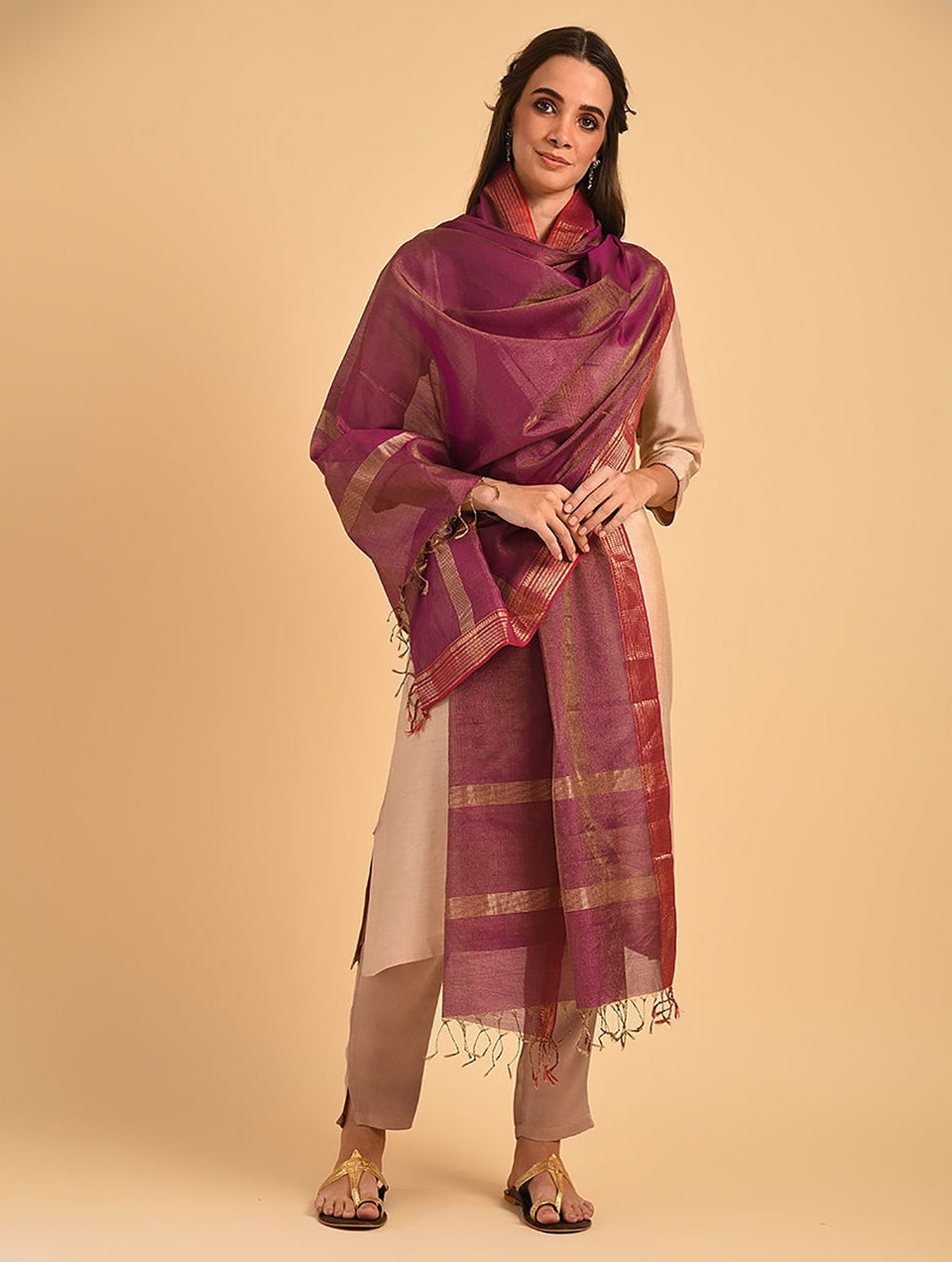 Women Purple Cotton Silk Maheshwari Dupatta
