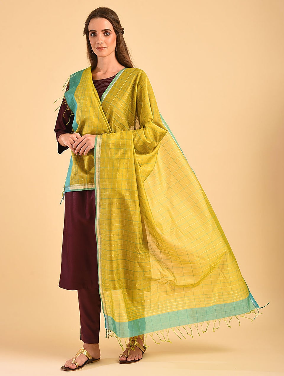 Women Yellow Cotton Silk Maheshwari Dupatta