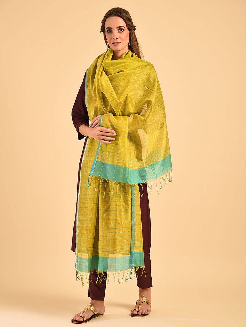 Women Yellow Cotton Silk Maheshwari Dupatta