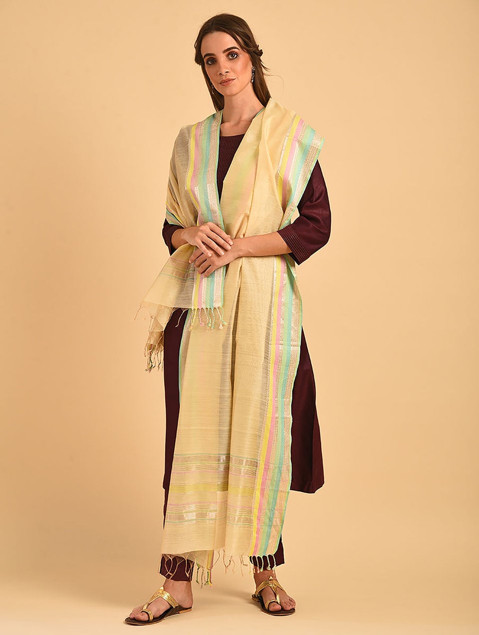 Women Beige Handloom Silk Cotton Dupatta