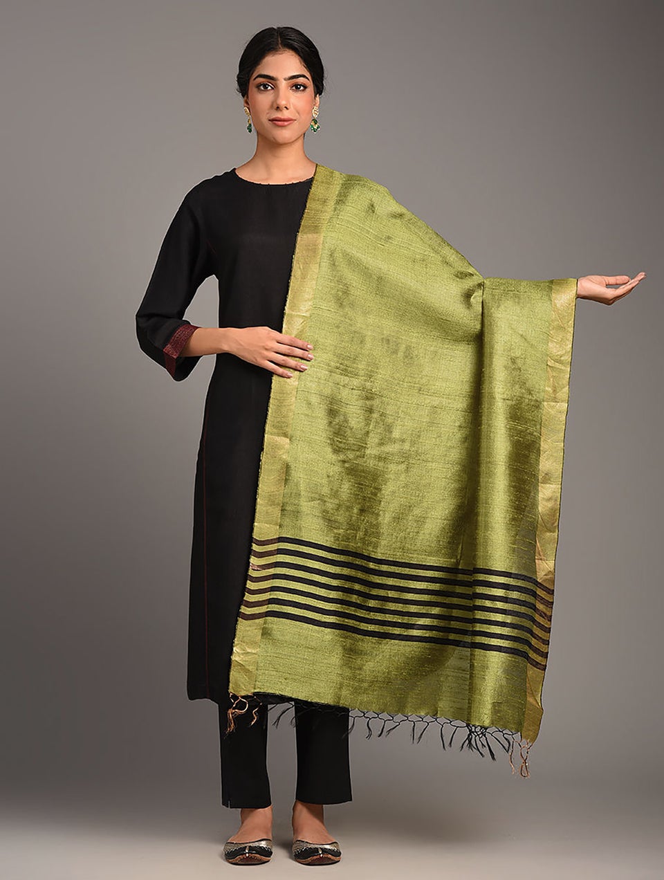 Women Green Silk Hand Woven Dupatta