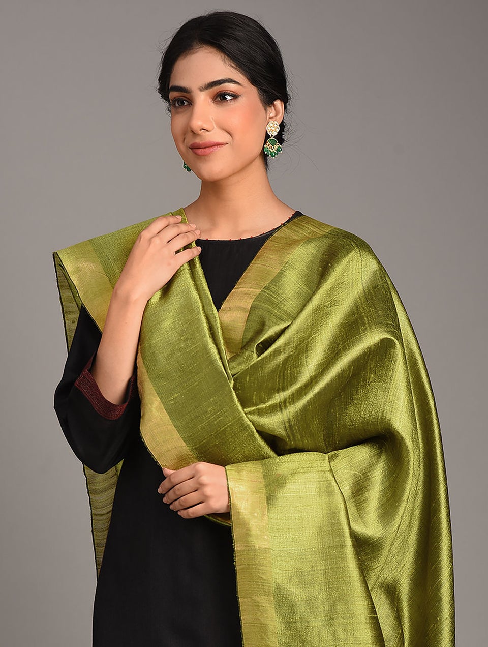 Women Green Silk Hand Woven Dupatta