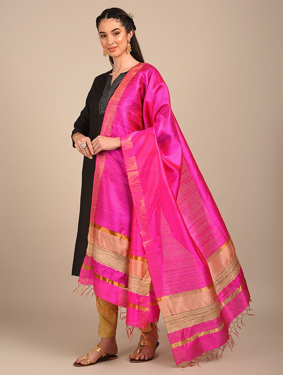 Women Pink Handloom Mulberry Silk Dupatta