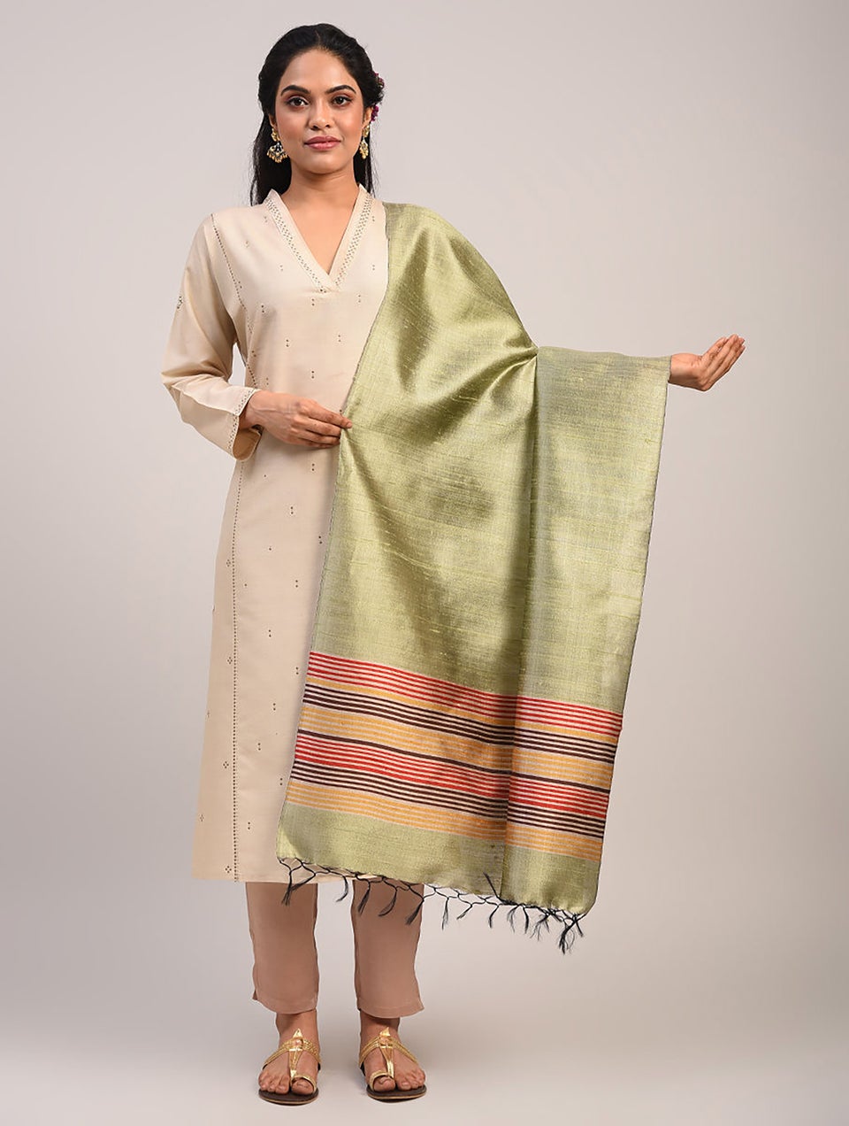 Women Green Silk Hand Woven Dupatta