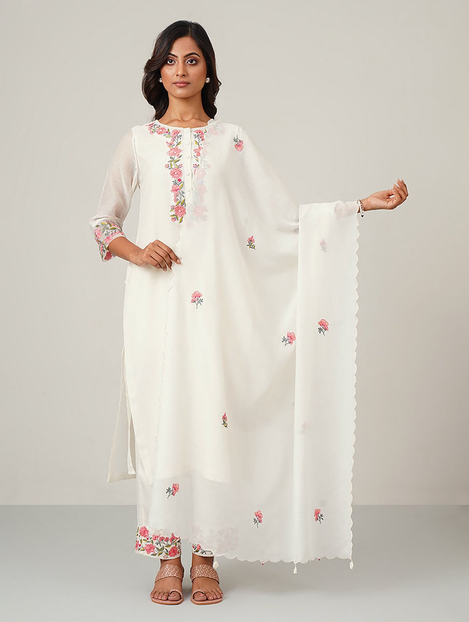 Women Ivory Embroidered Silk Cotton Dupatta With Scalloping