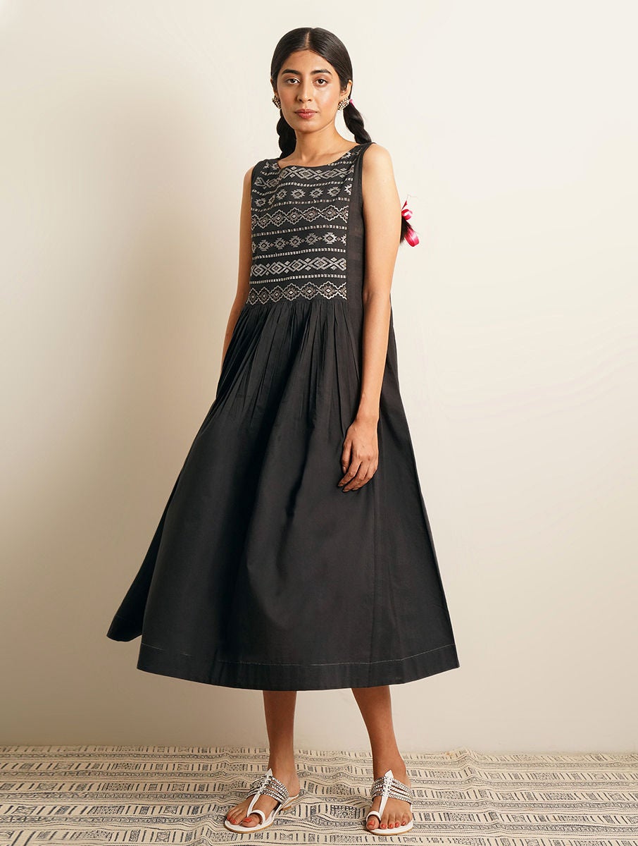 Women Black Embroidered Cut Sleeve Cotton Kurta Dress