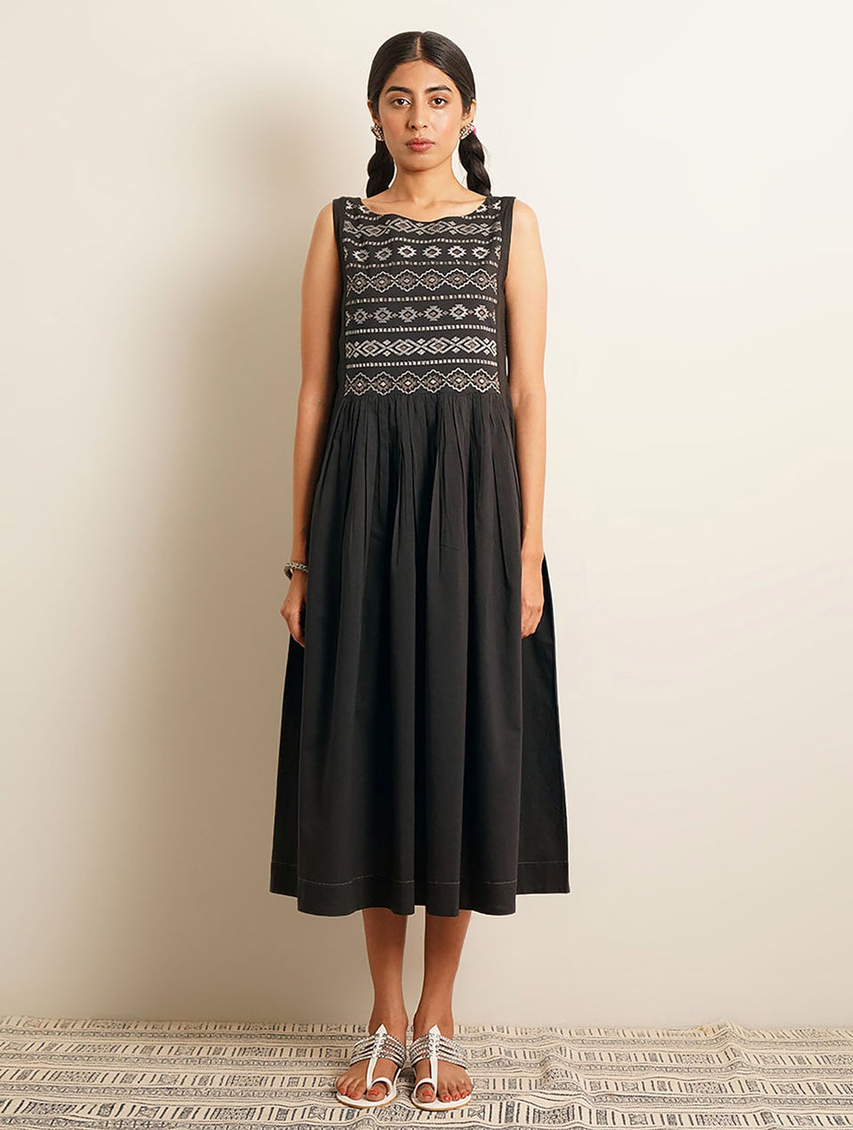 Women Black Embroidered Cut Sleeve Cotton Kurta Dress - XS