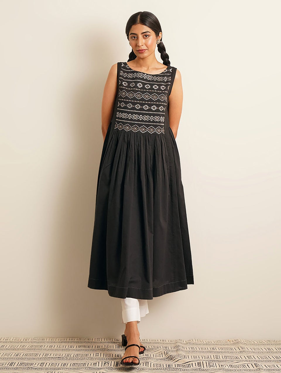 Women Black Embroidered Cut Sleeve Cotton Kurta Dress - XS