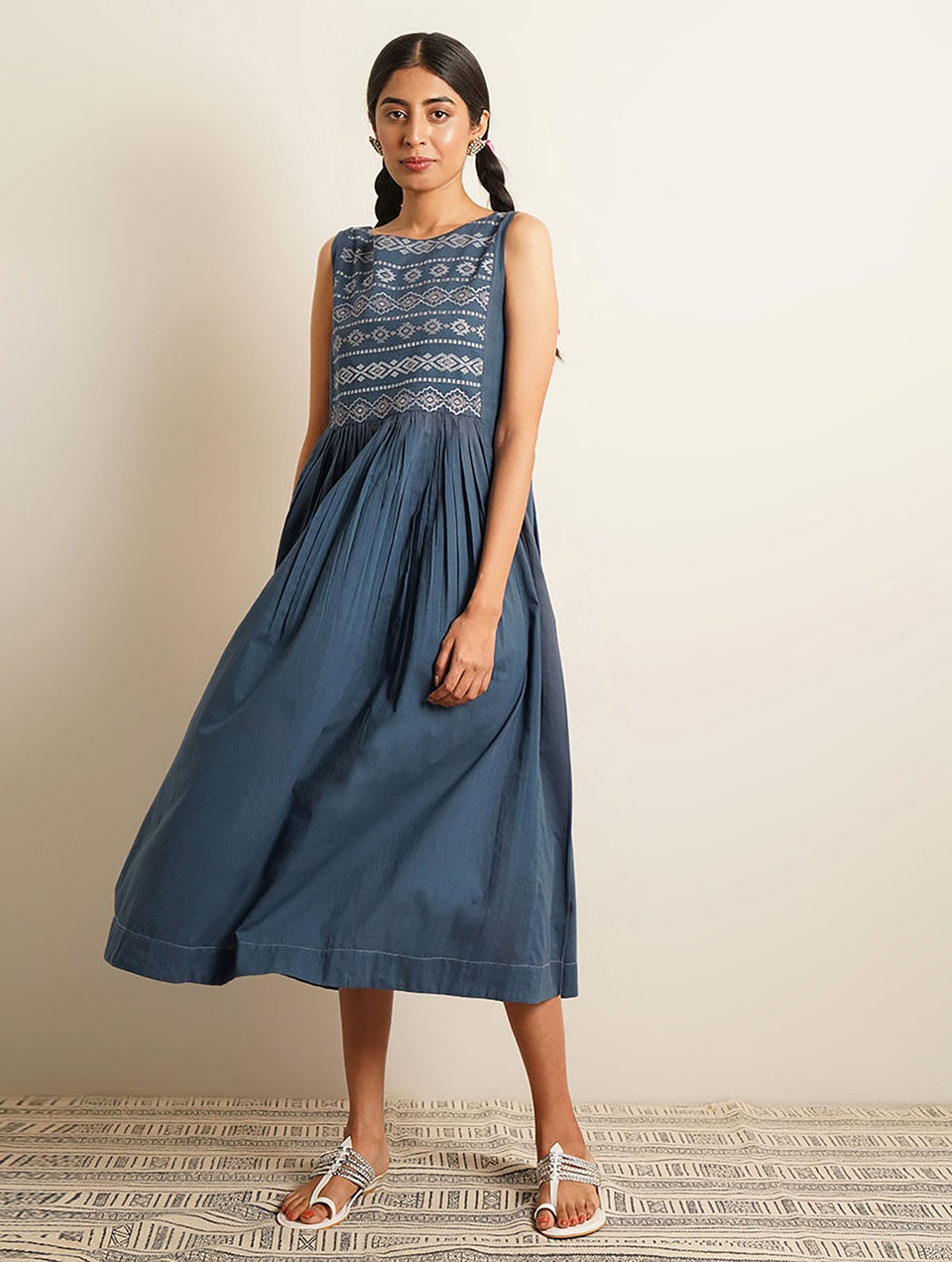 Women Blue Cotton Embroidered Round Neck Dress - S