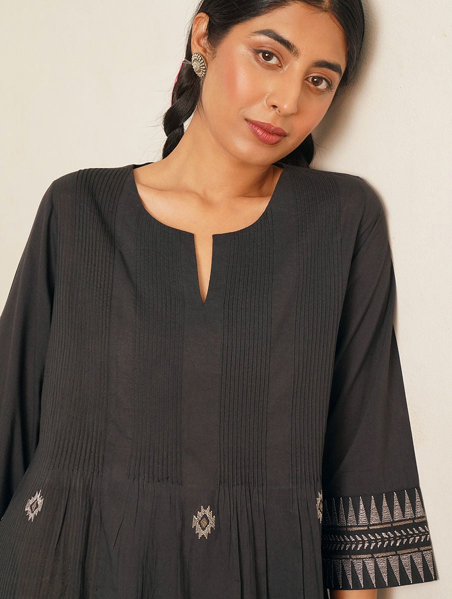 Women Black Embroidered Cotton Kurta Dress
