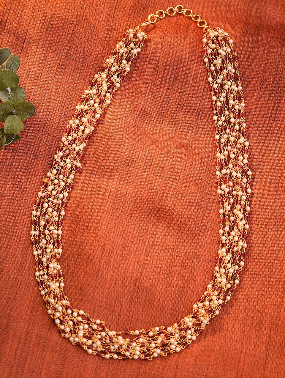 Women White Red Gold Tone Beaded Necklace
