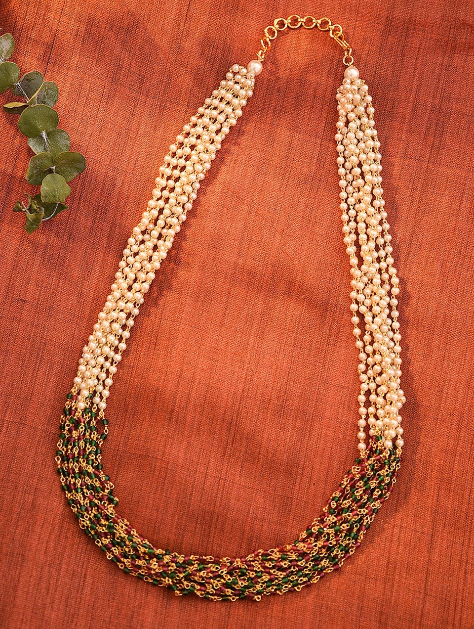 Women Red Green Gold Tone Beaded Necklace