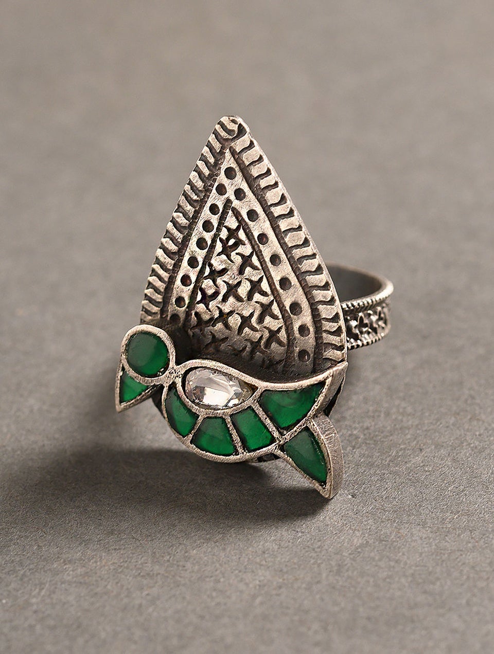 Women Green Tribal Silver Ring
