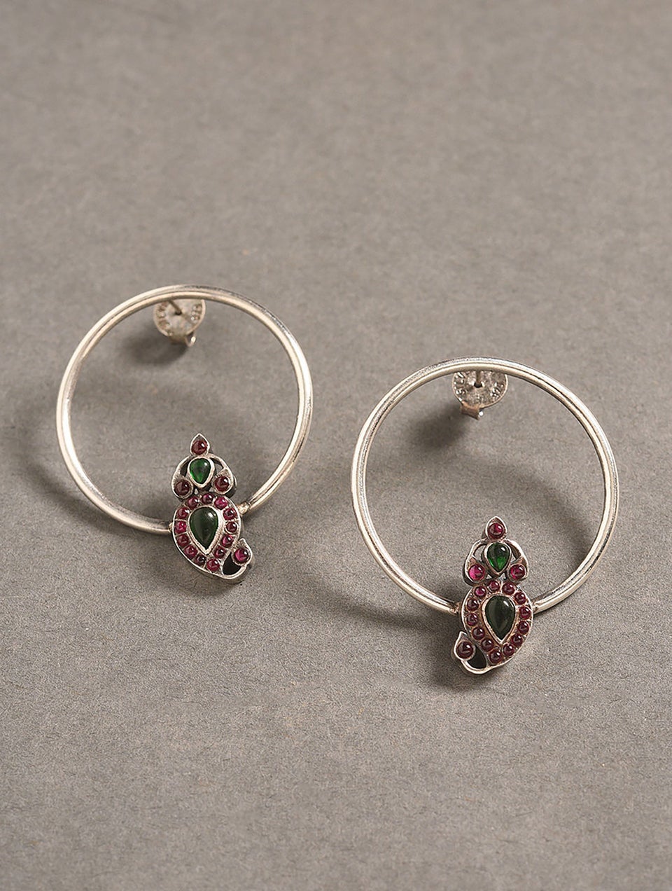 Women Pink Green Tribal Silver Earrings