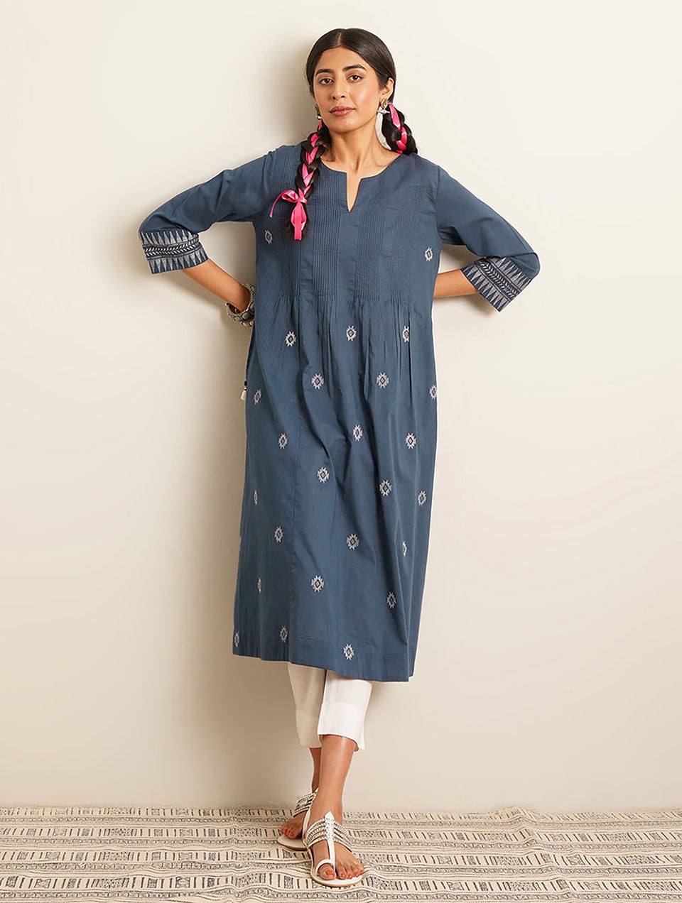 Women Blue Cotton Embroidered Round Neck Dress - XS