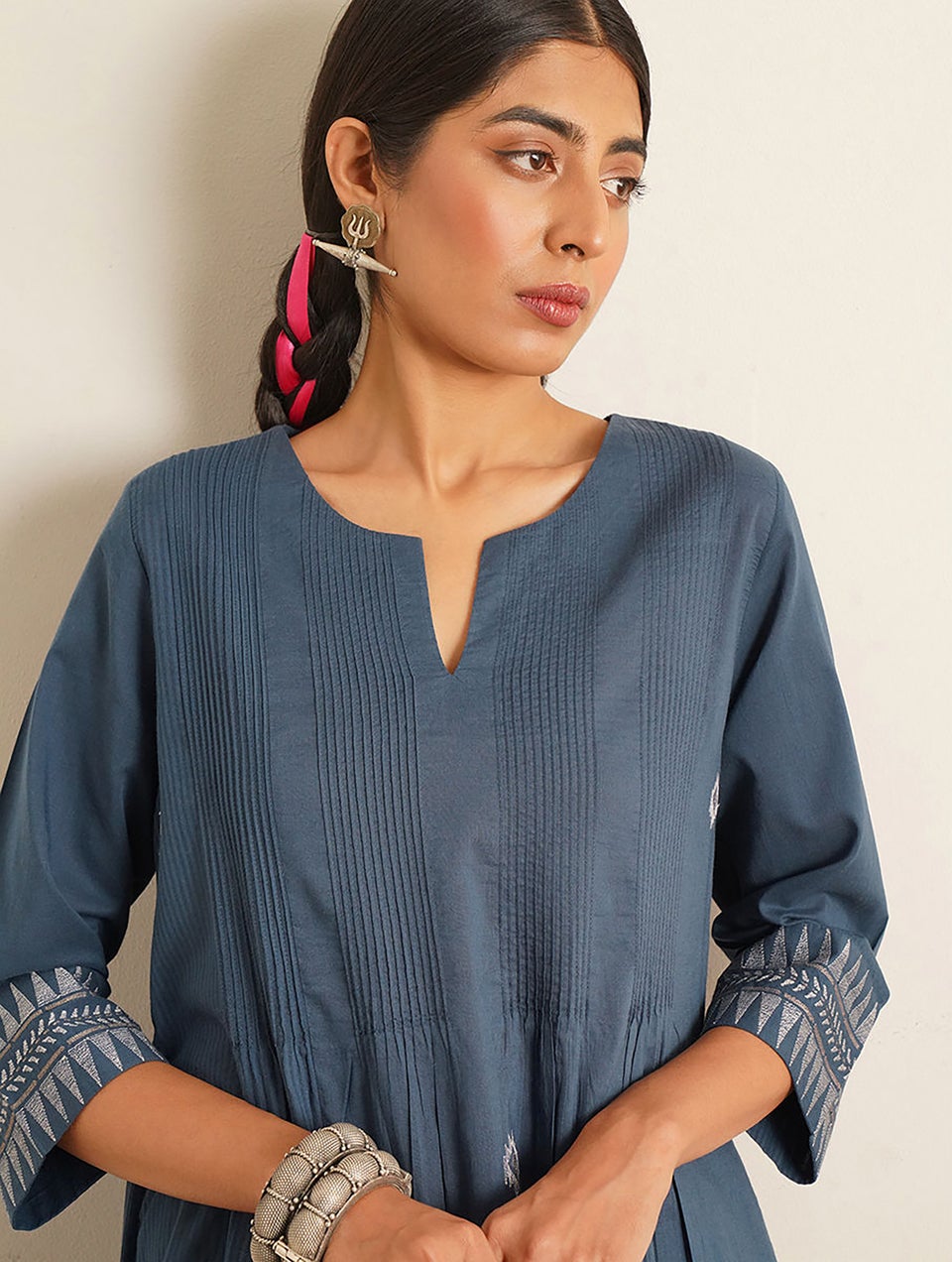Women Blue Cotton Embroidered Round Neck Dress - XS
