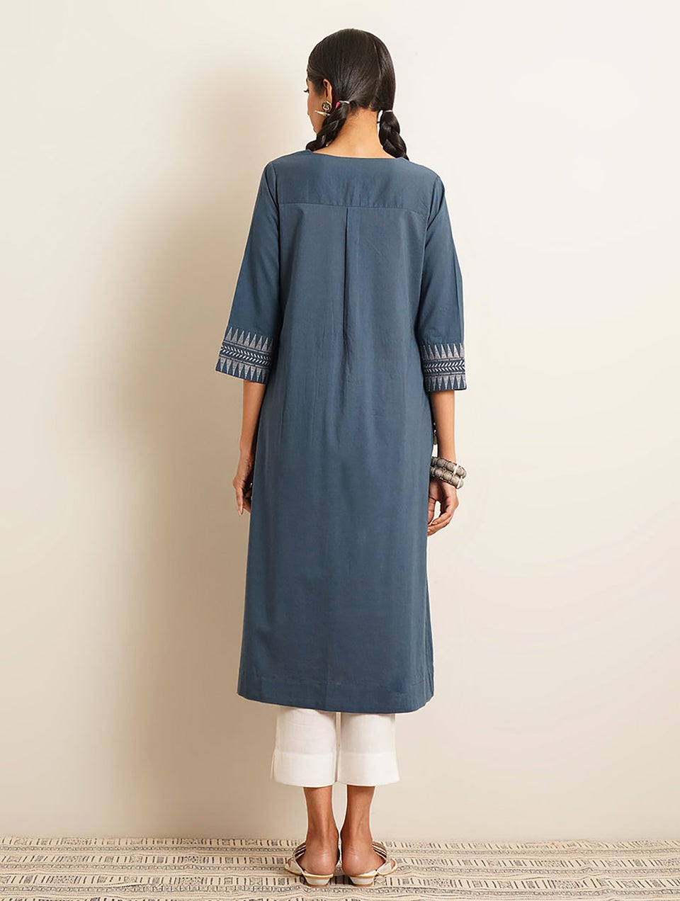 Women Blue Embroidered Cotton Kurta Dress - XS