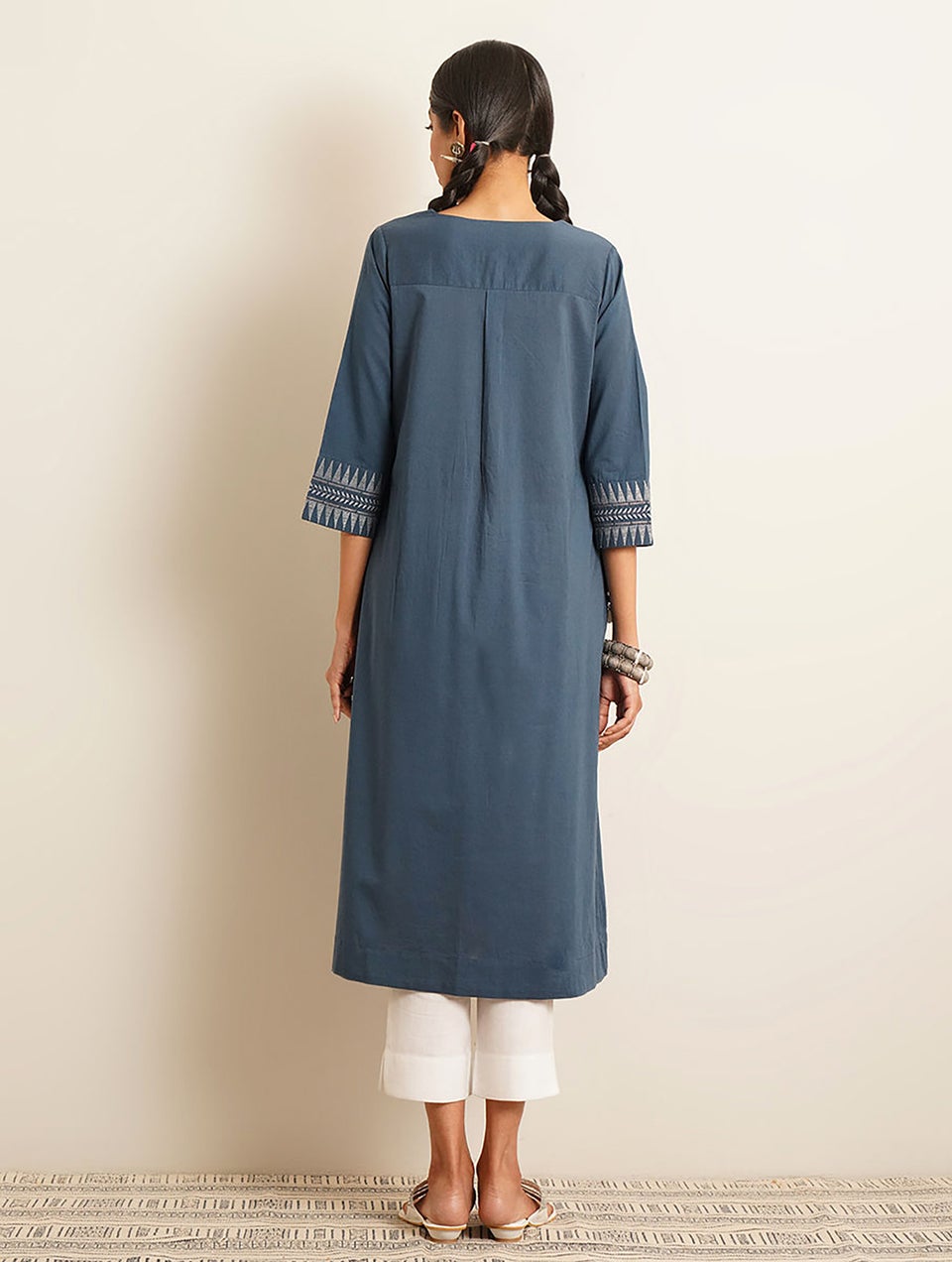 Women Blue Cotton Embroidered Round Neck Dress - XS
