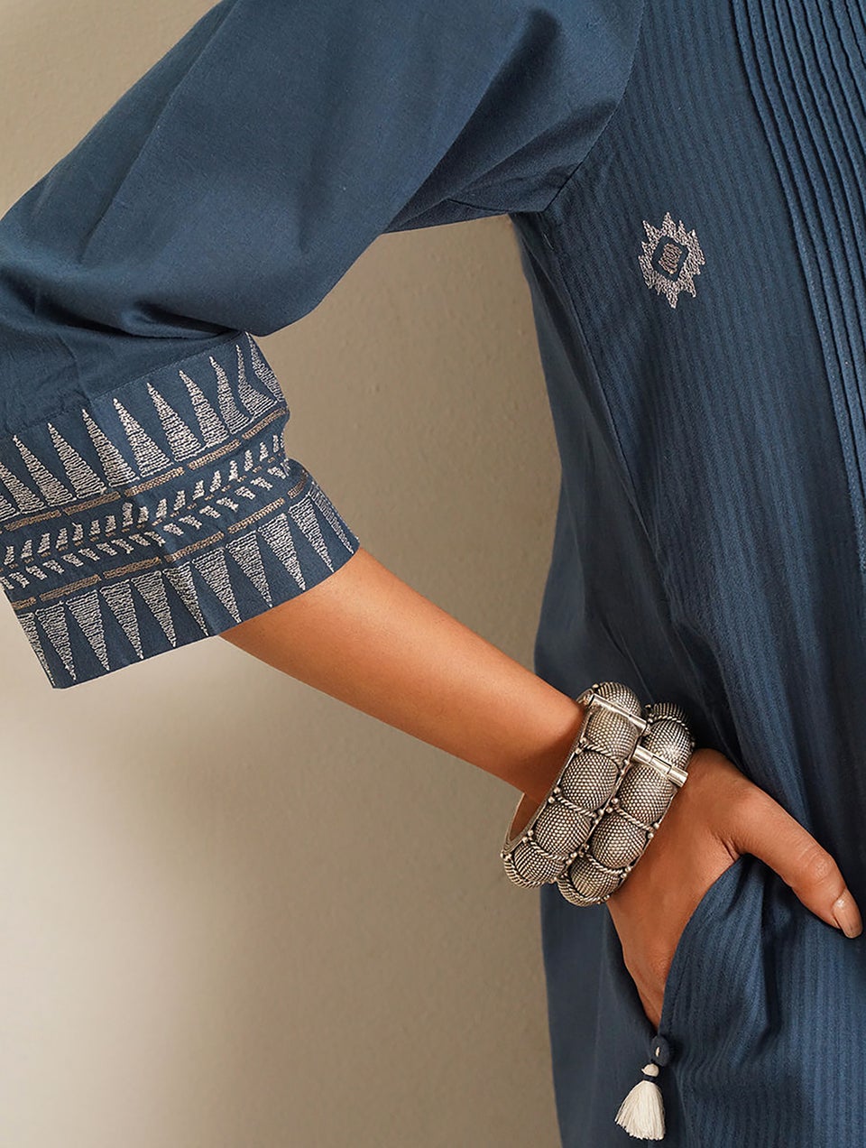 Women Blue Embroidered Cotton Kurta Dress - XS