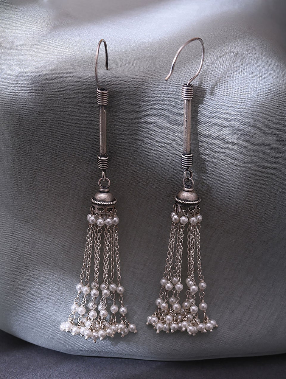 Women White Tribal Silver Earrings