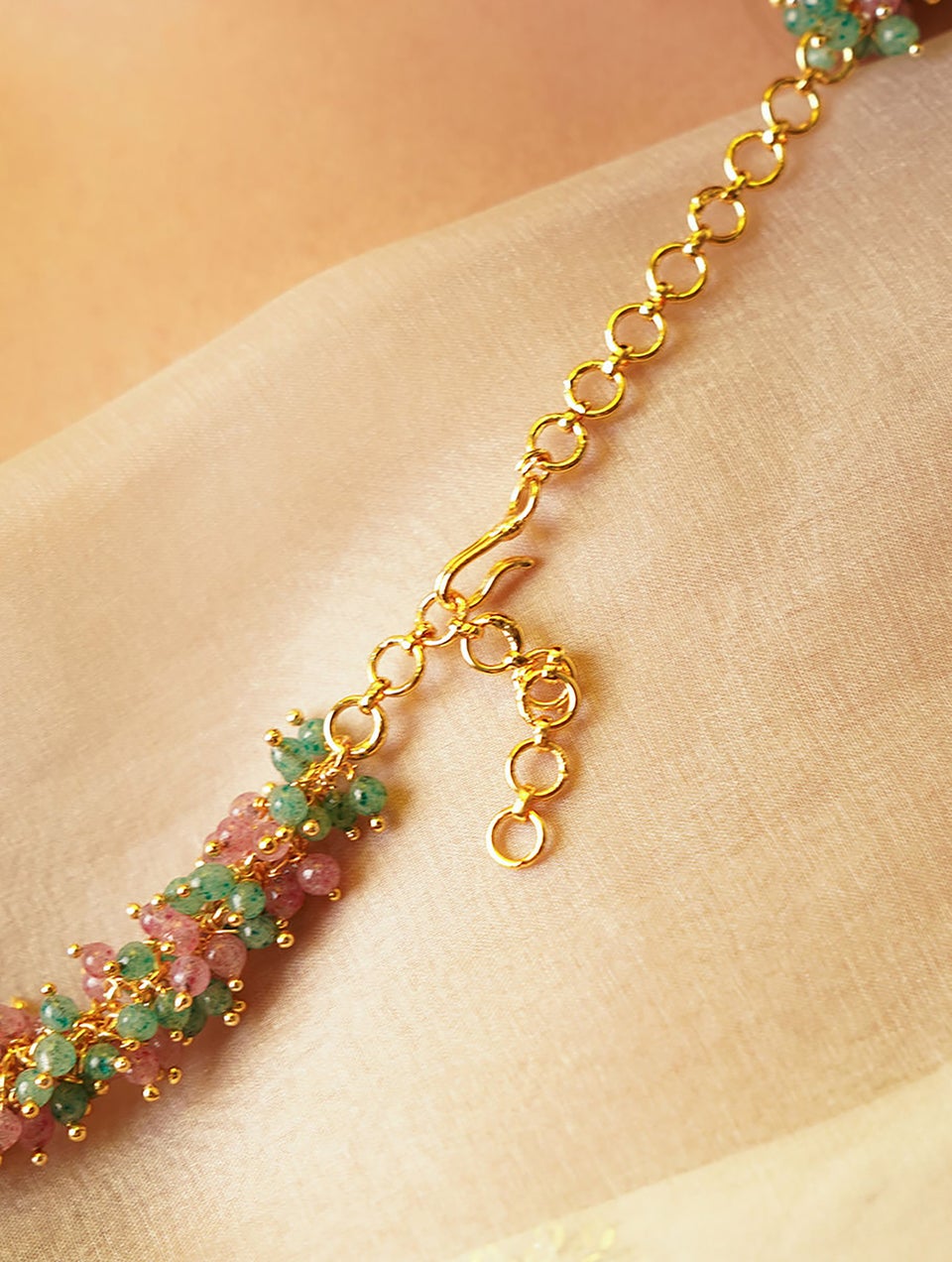 Women Pink Green Gold Tone Beaded Necklace