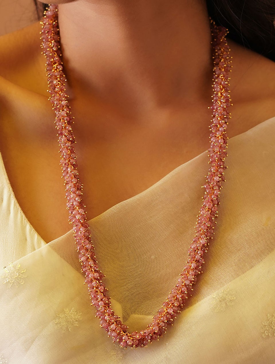 Women Pink Gold Tone Beaded Necklace