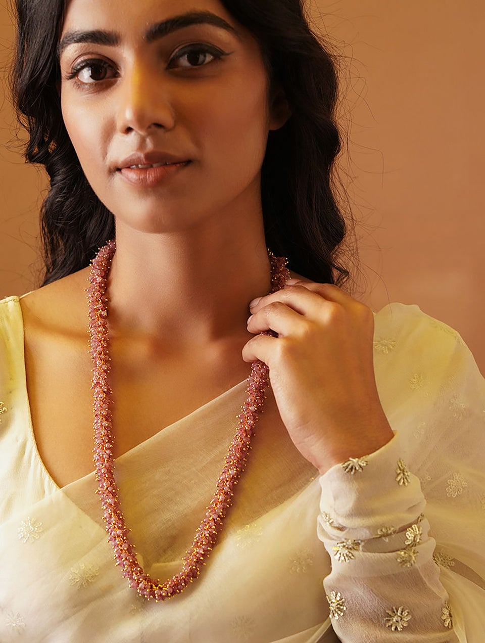 Women Pink Gold Tone Beaded Necklace